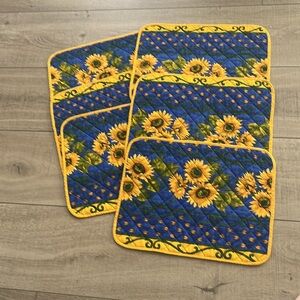 Set of 6 placemats cloth reversible Sunflowers Leaves Pattern navy NWOT